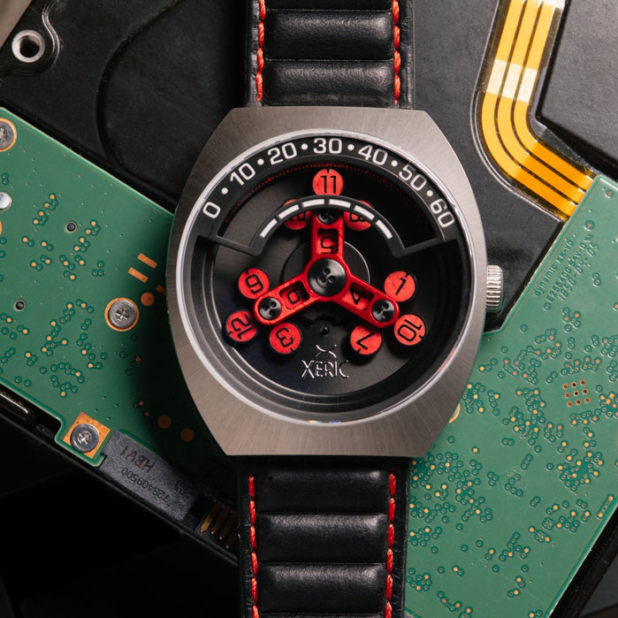 Xeric Scrambler Automatic Wandering Hour Silver Black Red angled shot picture